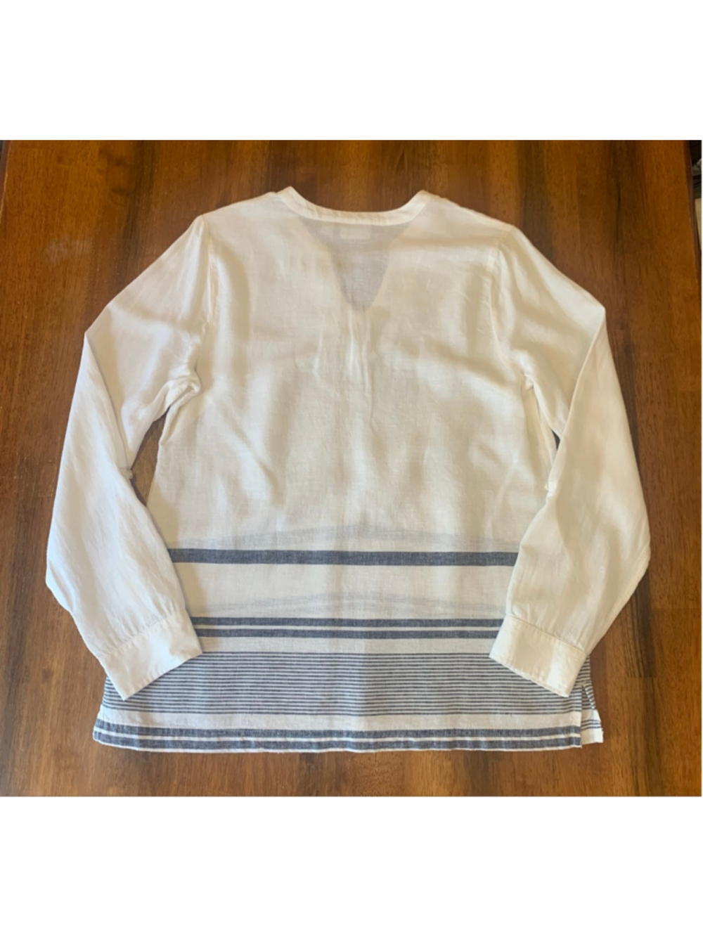 Kim Rogers Top Petite Small White Blue Stripes embroidered Trim Roll up Sleeves - Picture 8 of 8